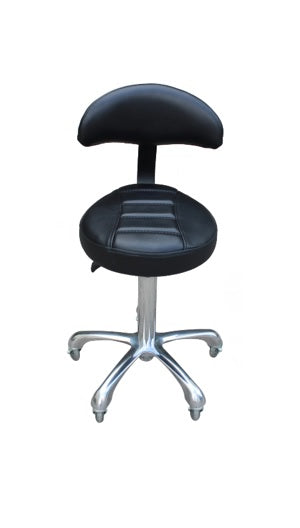 The Karma South Burnie is a professional white ergonomic salon stool with a raised-centre seat, lumbar backrest, and a polished aluminium base with rollerblade wheels.