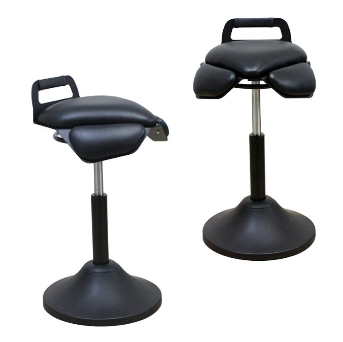 The Karma St Franklin Pedestal Stool features a weighted black non-slip base, ergonomic saddle-style seat, and integrated rear handle for professional salon and clinic use.