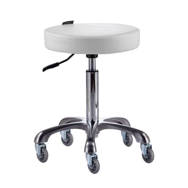 The Karma St Helens is a professional tan round cutting stool featuring a polished aluminium base and specialised hair-free rubber rollerblade wheels.
