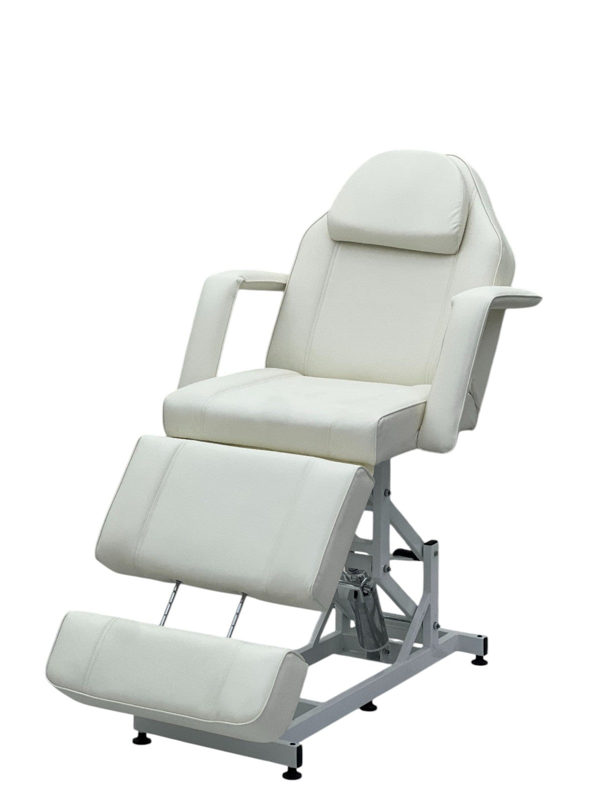 The Karma Taupo is a professional white hydraulic beauty bed featuring adjustable Trendelenburg tilt and antimicrobial vinyl.