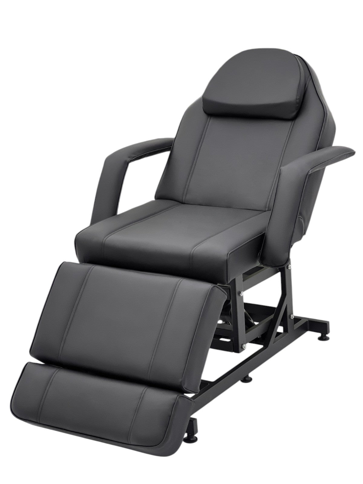 The Karma Taupo is a black hydraulic beauty bed featuring an adjustable back, leg sections, Trendelenburg tilt, and medical-grade antimicrobial vinyl.