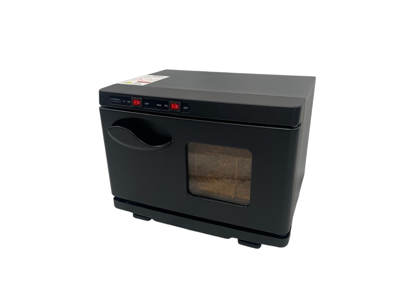 The Karma 8L UV Hot Towel Cabinet in professional gloss black, featuring independent UV and heat power switches, an viewing window, and a compact clinical benchtop frame.
