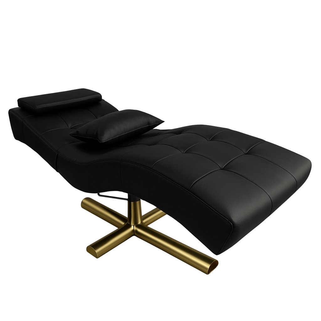 The Karma Wanaka Lash Bed features a contoured black tufted vinyl surface and a modern golden cross-base for professional lash and brow treatments.