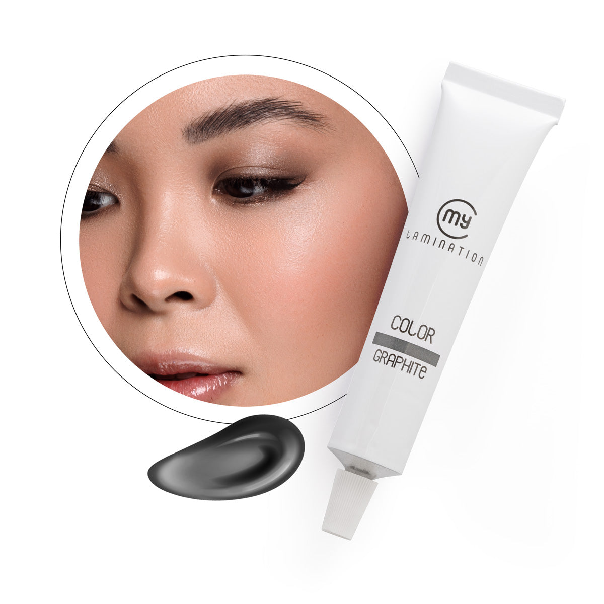 A 20ml tube of My Lamination Light Brown tint shown with five professional colour swatches ranging from Blue Black to Light Brown and a model with perfectly tinted brows.