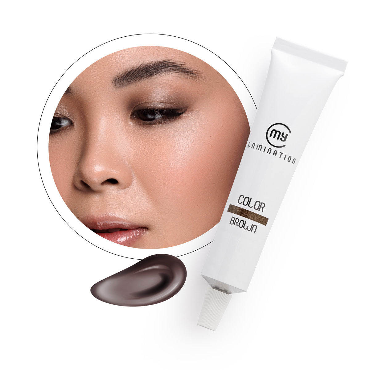 A 20ml tube of My Lamination Light Brown tint shown with five professional colour swatches ranging from Blue Black to Light Brown and a model with perfectly tinted brows.