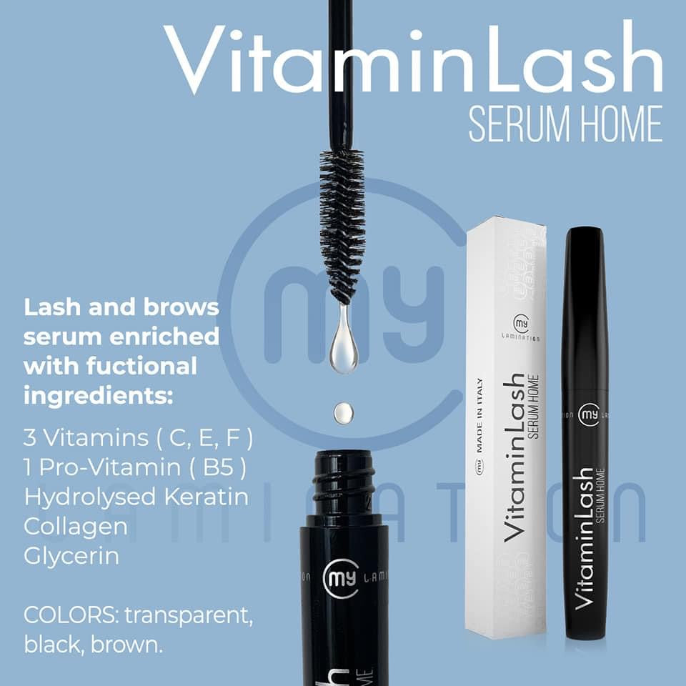 Model applying My Lamination Vitamin Lash Serum Home to brows with a spoolie brush alongside the 10ml black serum tube and white cream texture swatch.
