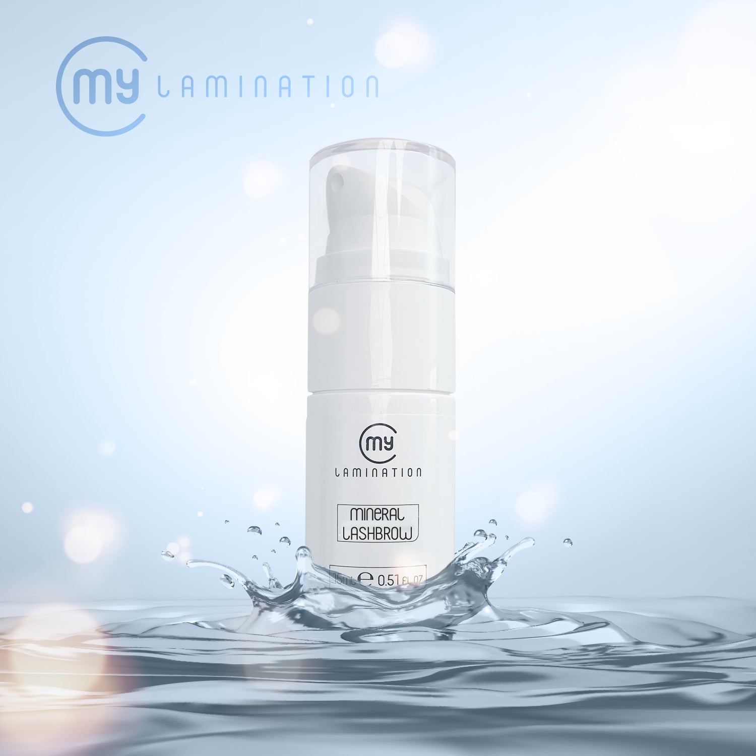 Professional 15ml airless pump bottle of My Lamination Mineral Lashbrow Mask featuring a model with long, dense lashes and a swatch of the creamy mineral-rich formula.