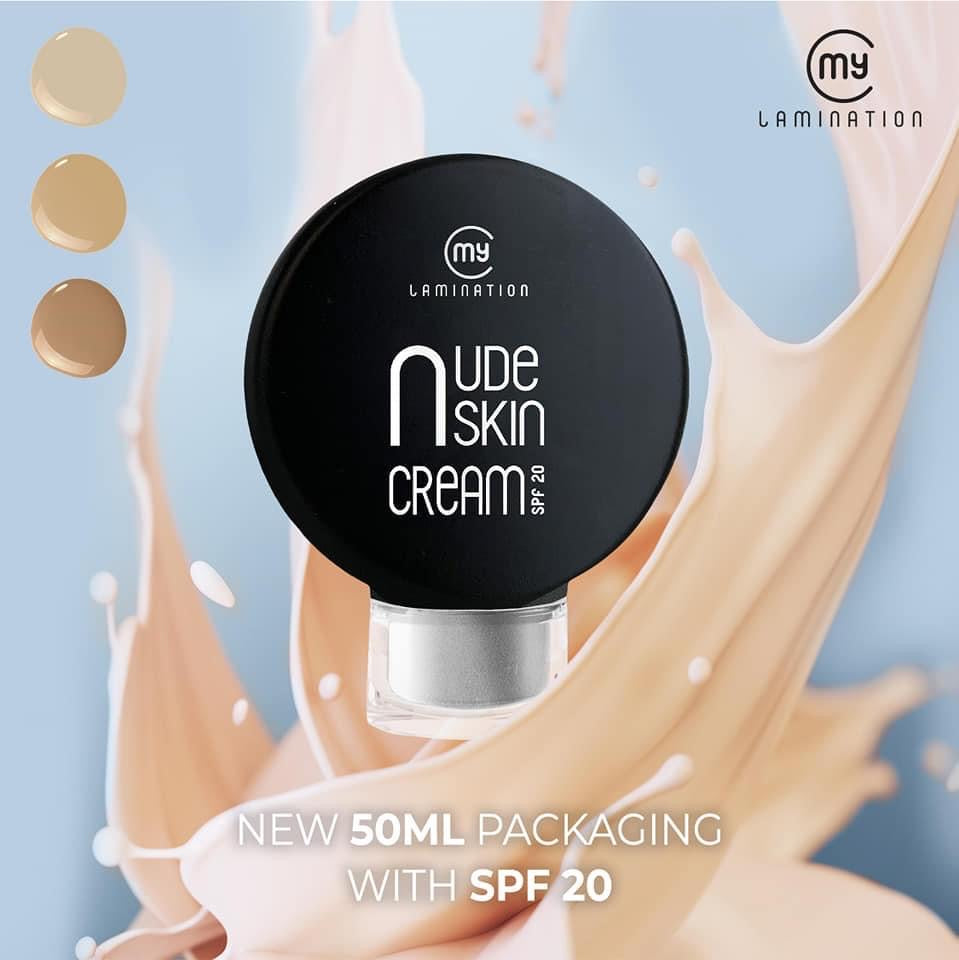 Model with Nude Skin Cream applied to her cheek, showing four available tinted swatches and the black 50ml product bottle, highlighting its creamy, skin-perfecting texture.
