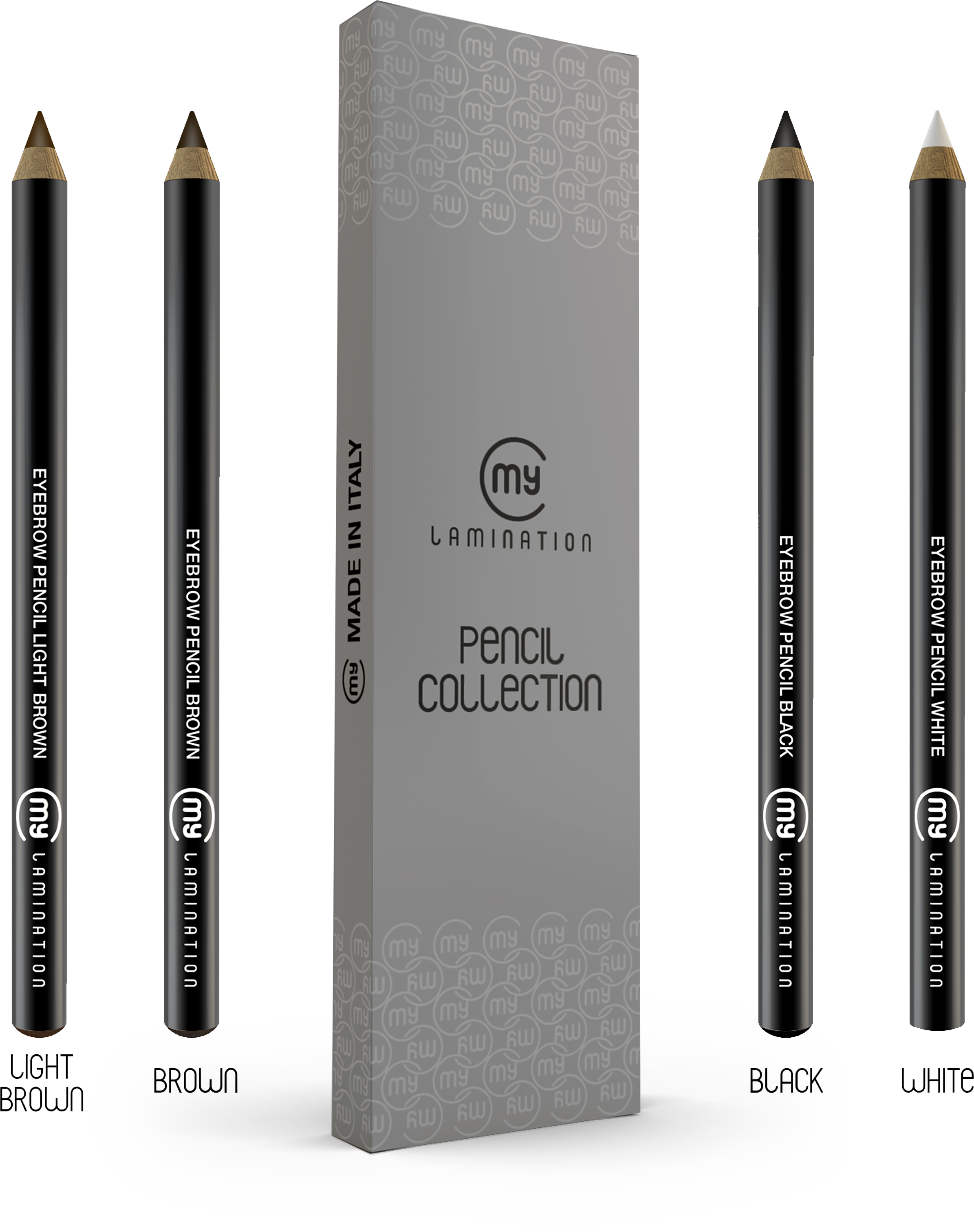 Set of four professional My Lamination eyebrow pencils in White, Black, Brown, and Light Brown, shown with pigment swatches and a model defining her brow arch.