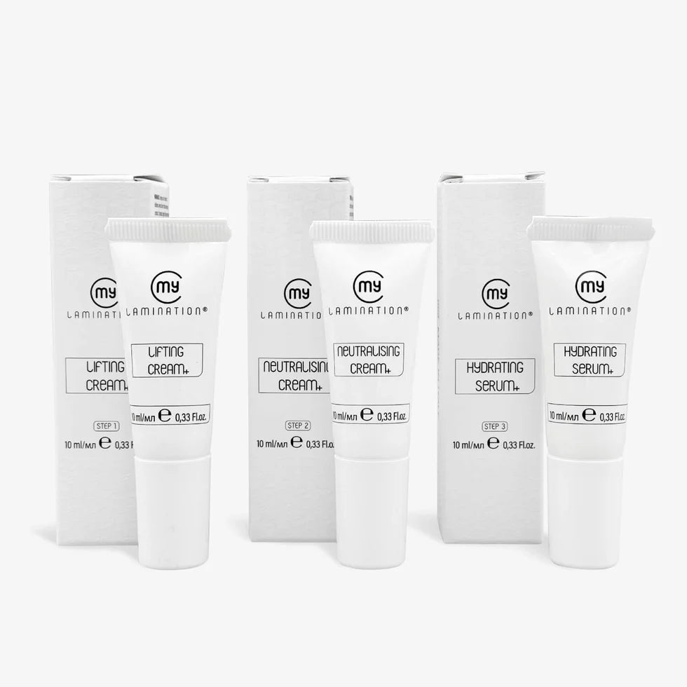 My Lamination professional 10ml tube kit featuring Step 1 Lifting Cream, Step 2 Neutralising Cream, and Step 3 Hydrating Serum alongside a model with lifted lashes.