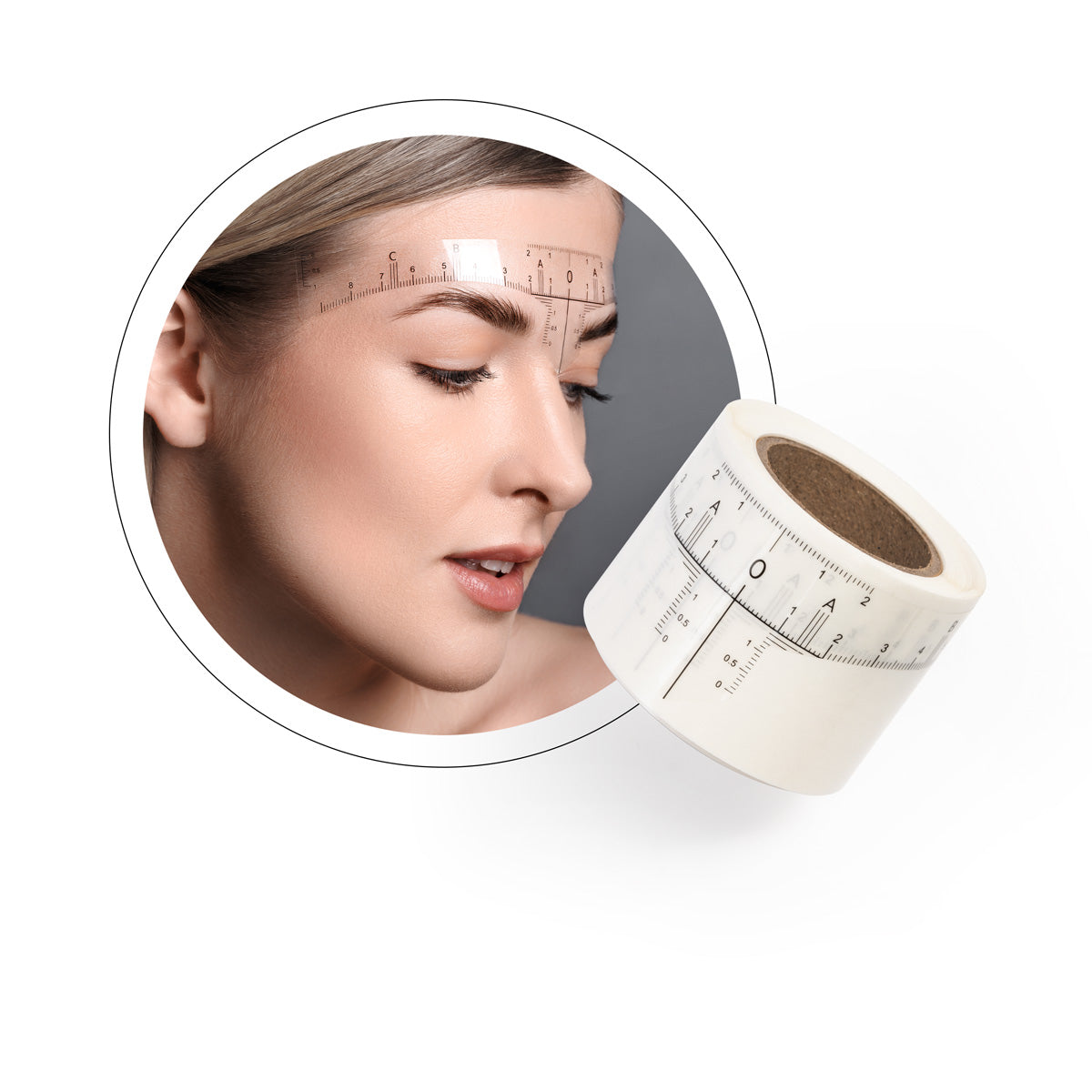 A roll of 50 disposable self-adhesive brow mapping rulers by My Lamination, shown applied to a model's forehead for precise eyebrow symmetry and shape drawing.