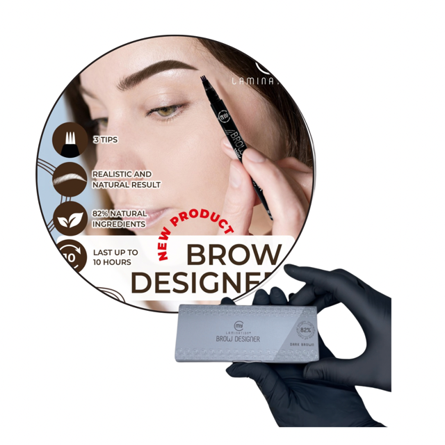 My Lamination Brow Designer pen featuring a 3-point applicator for realistic hair strokes, with icons showing its 82% natural ingredients and 10-hour wear time.