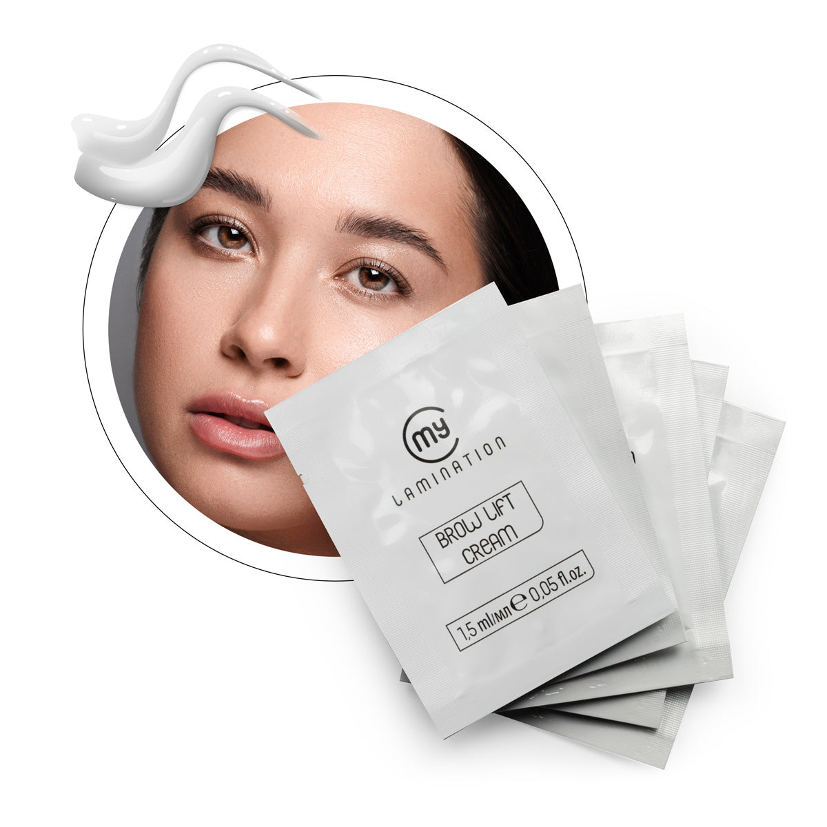 Five 1.5ml sachets of My Lamination Brow Lift Cream Step 1, specifically formulated as a gentle bond-breaking agent for professional eyebrow lamination services.