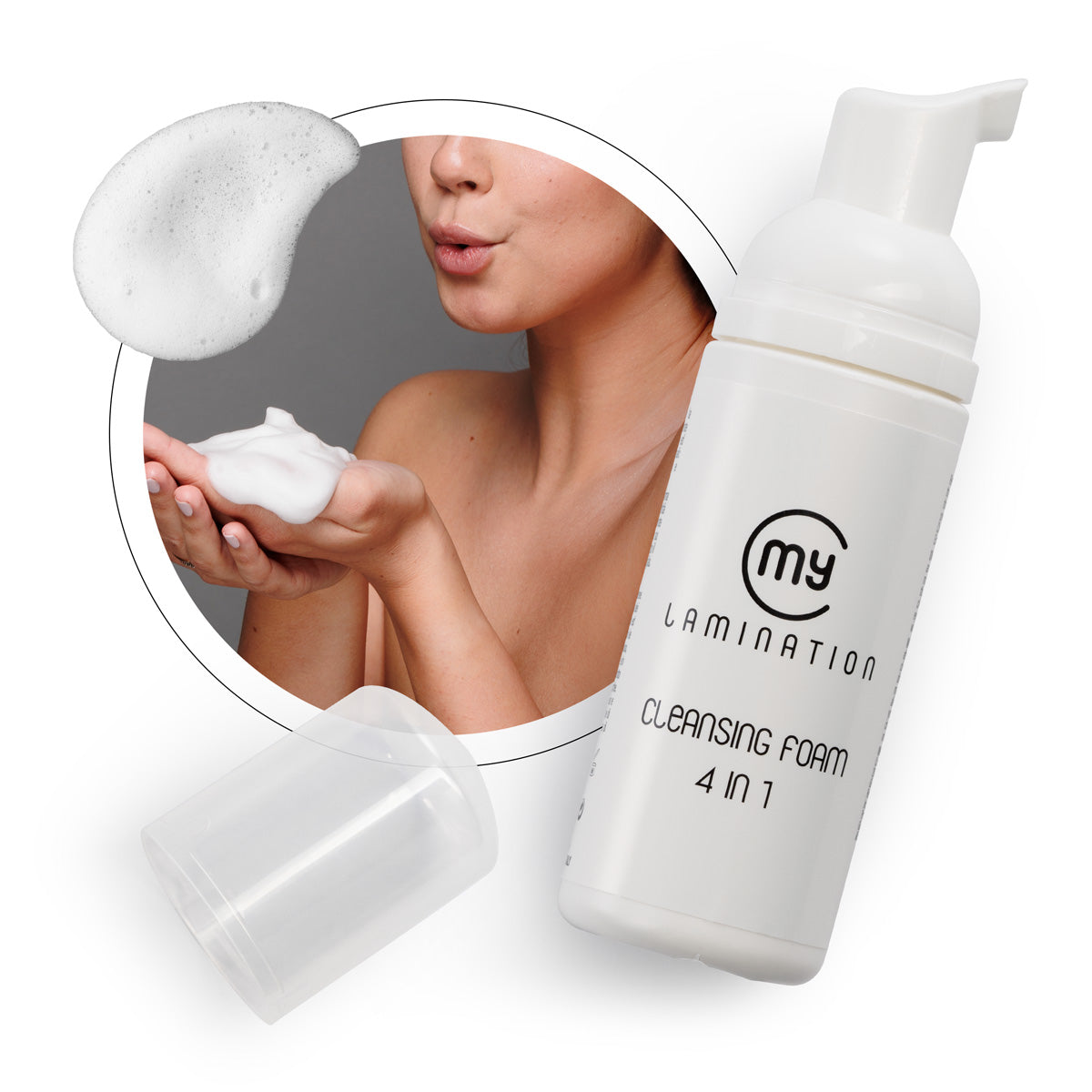 A bottle of My Lamination Cleansing Foam, an oil-free professional lash, brow, and facial cleanser for Australian beauty salons.