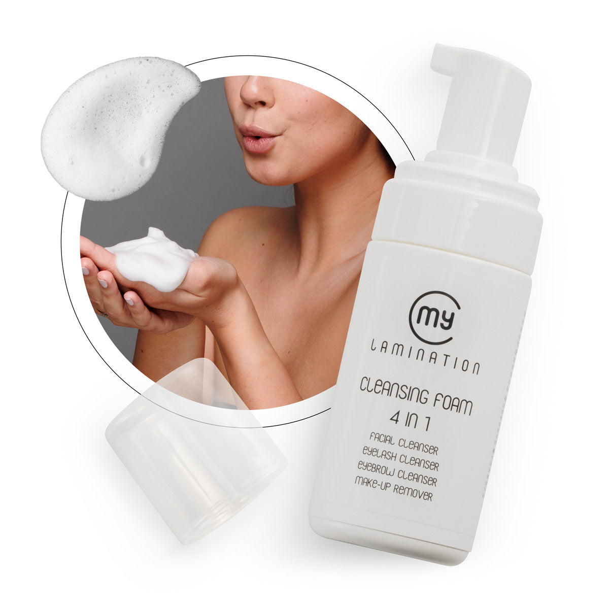 A bottle of My Lamination Cleansing Foam, an oil-free professional lash, brow, and facial cleanser for Australian beauty salons.