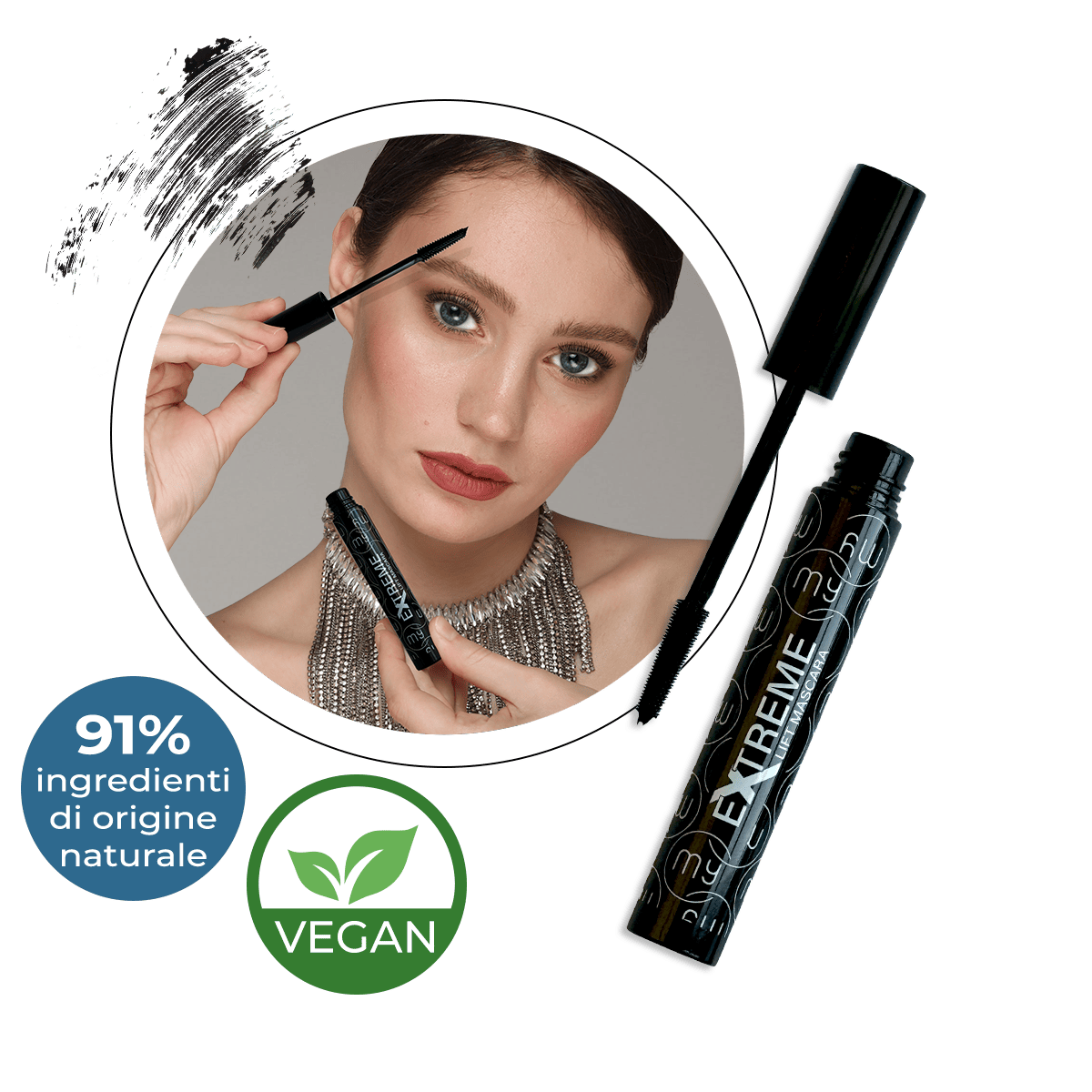 Extreme Lift Mascara by My Lamination in an 8.5ml tube, featuring a model with lifted lashes and icons for 91% natural origin ingredients and Vegan certification.