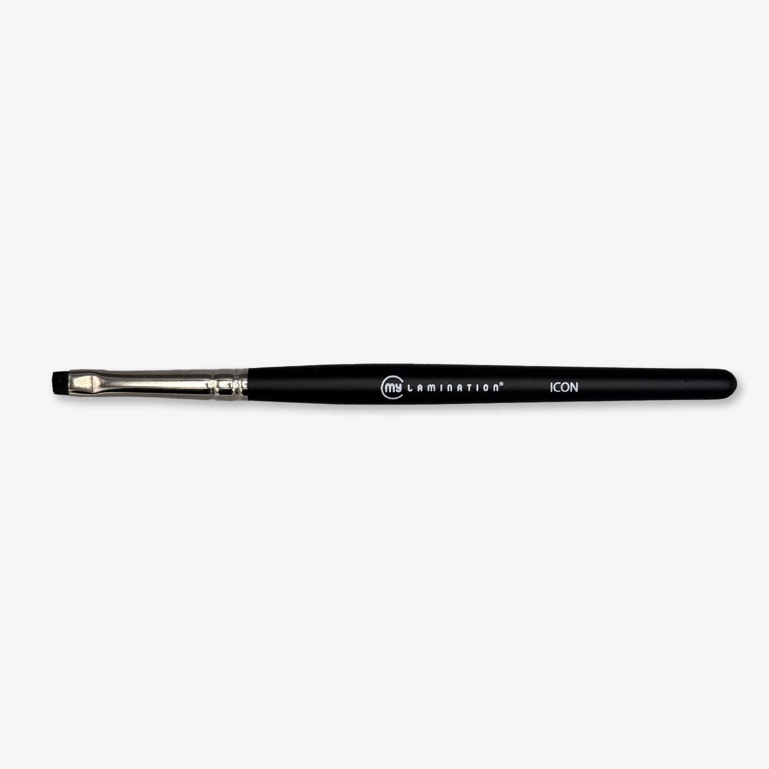 The My Lamination Icon Brush, a professional lash and brow tool with a matte black birch handle, silver ferrule, and ultra-thin semi-rigid bristles.