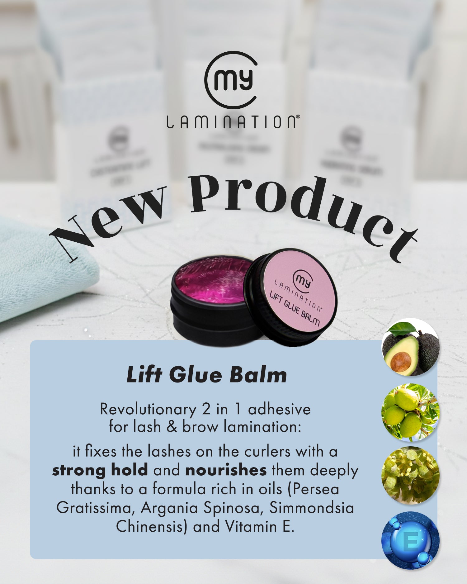 A jar of My Lamination Lift Glue Balm featuring a fresh peach fragrance, used as a professional glueless lash lift adhesive in Australian beauty salons.