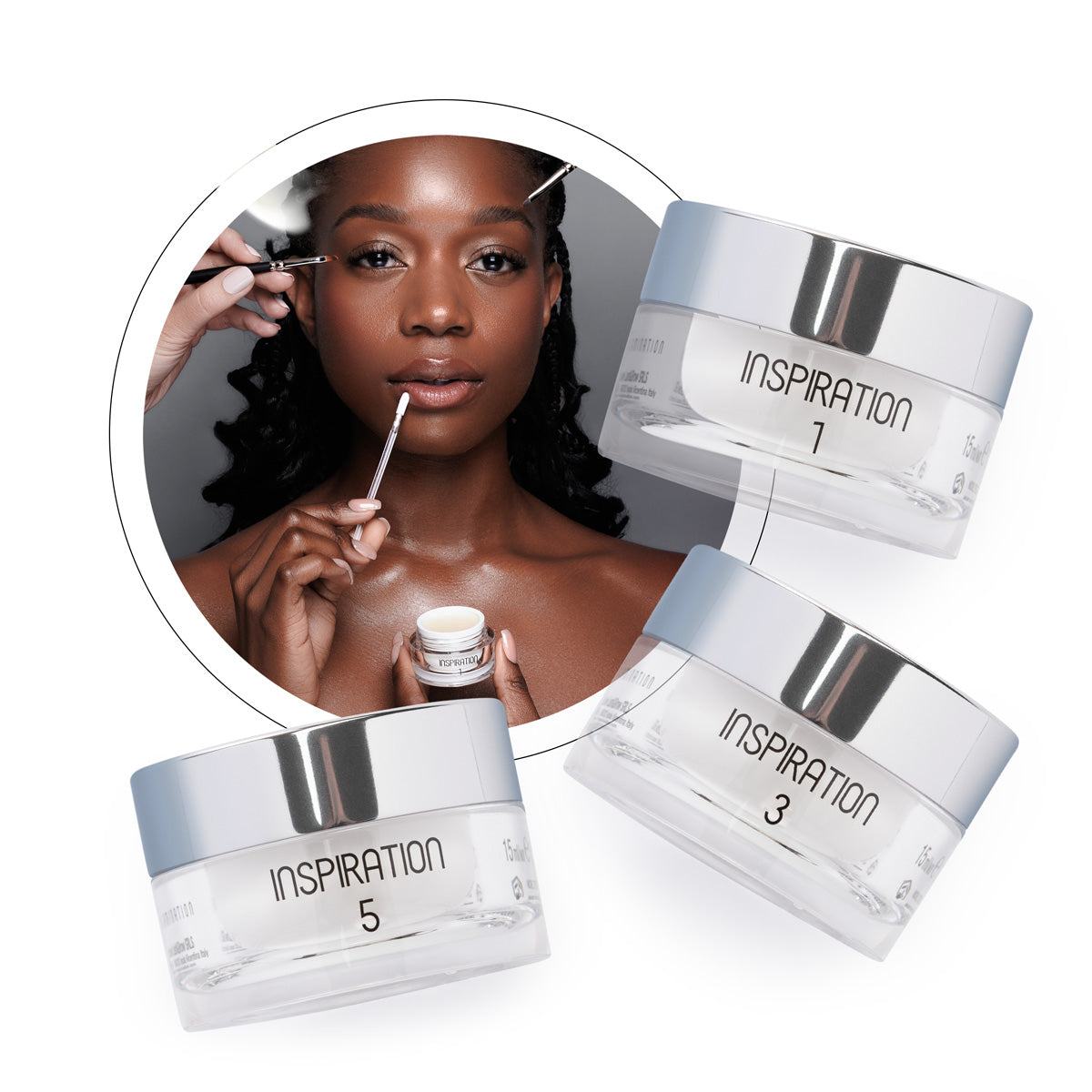 Model using My Lamination Inspiration Balm on lips and brows, featuring three 15ml jars in Fruity, Sweetness, and Vanilla scents with a rich, buttery balm texture.