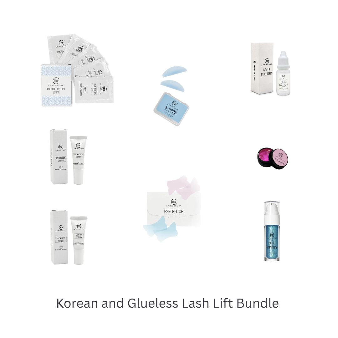 The complete My Lamination Korean Glue-Less Lash Lift Bundle, featuring cysteamine sachets, Lami powder, lotions, K-Pads, and blue infinity mask.