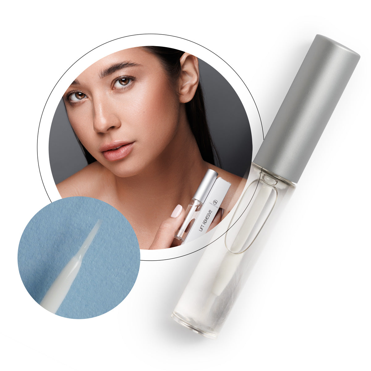 Clear 5ml bottle of My Lamination Lift Adhesive with a fine-tip applicator brush, designed for securing silicone shields and wrapping natural lashes during a lift.