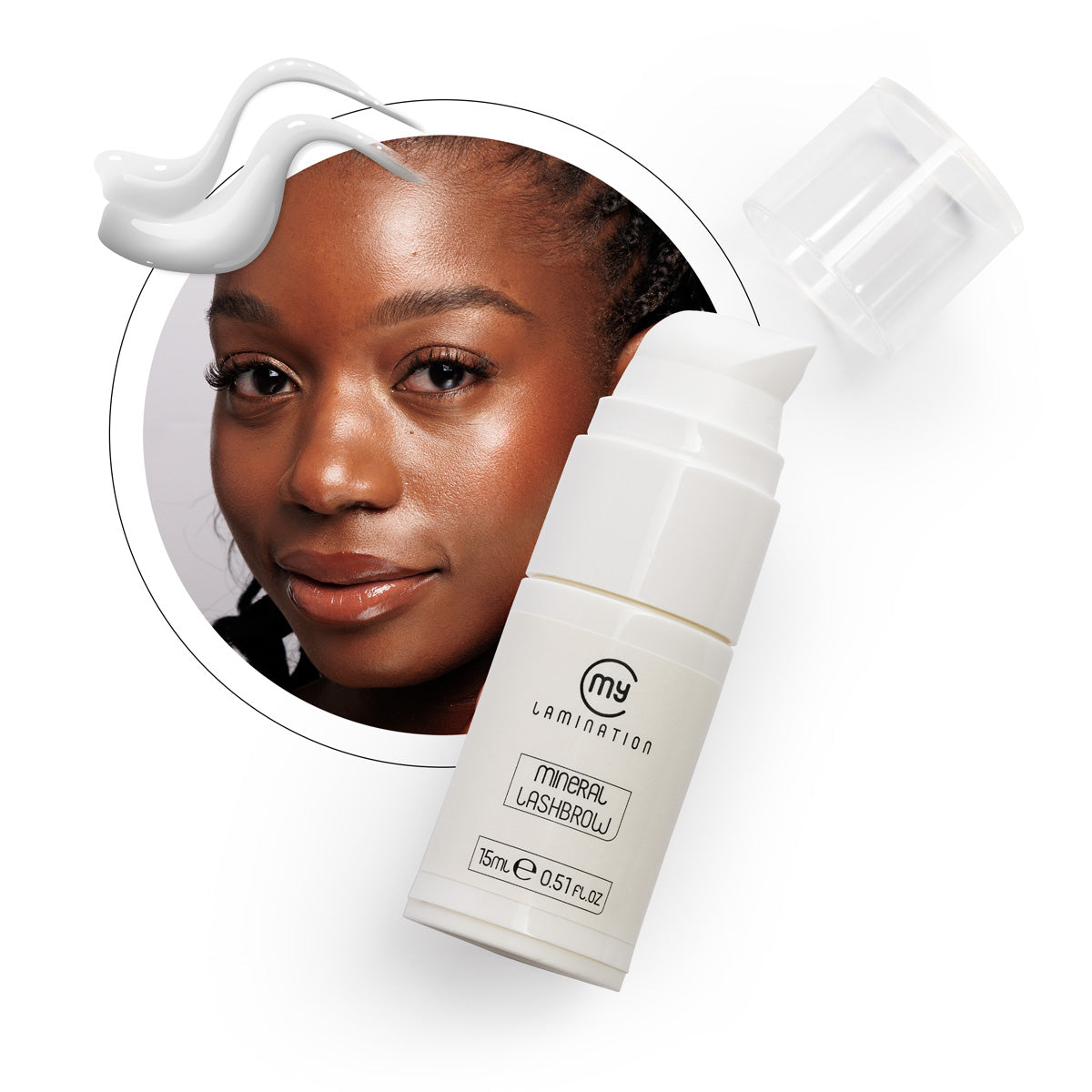 Professional 15ml airless pump bottle of My Lamination Mineral Lashbrow Mask featuring a model with long, dense lashes and a swatch of the creamy mineral-rich formula.