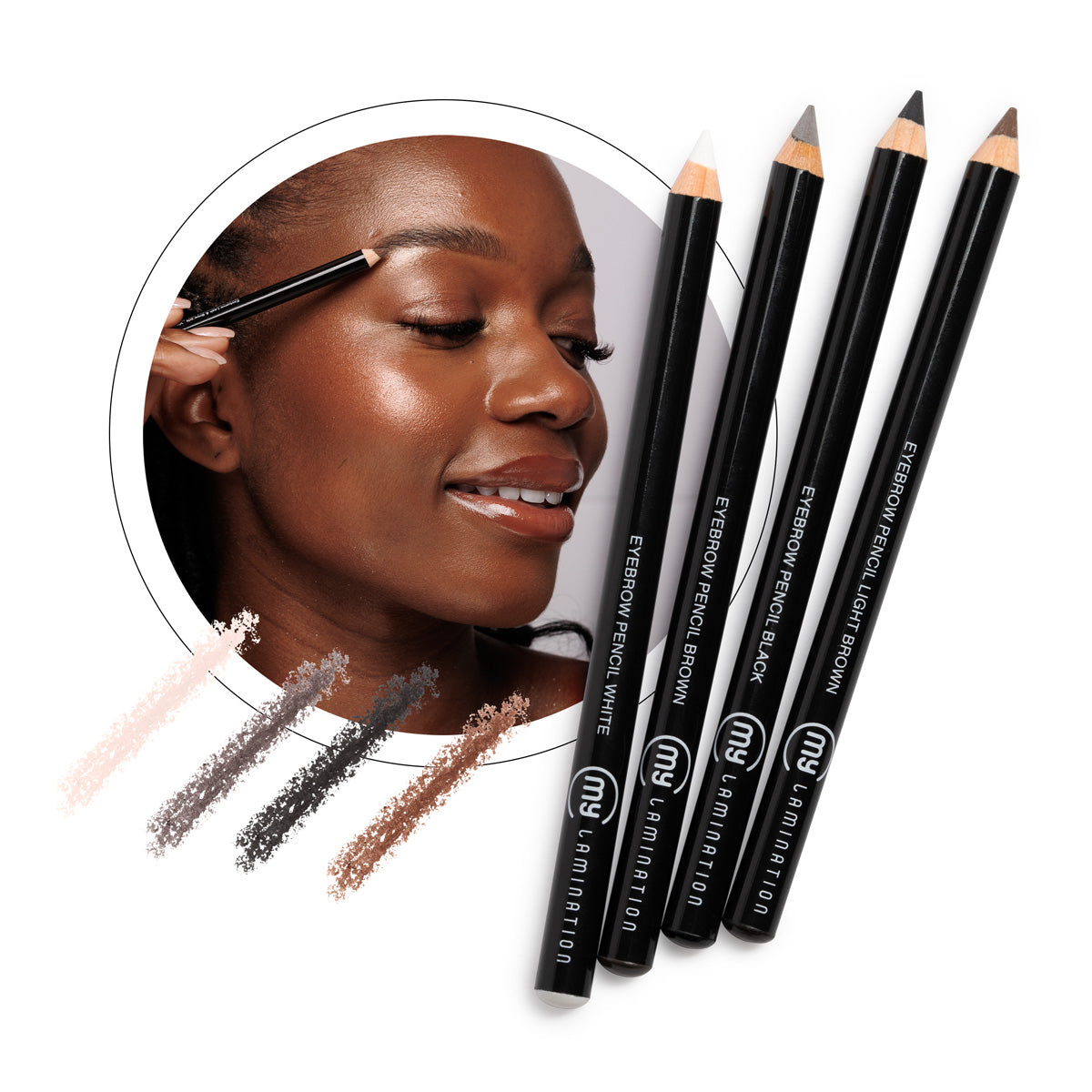 Set of four professional My Lamination eyebrow pencils in White, Black, Brown, and Light Brown, shown with pigment swatches and a model defining her brow arch.