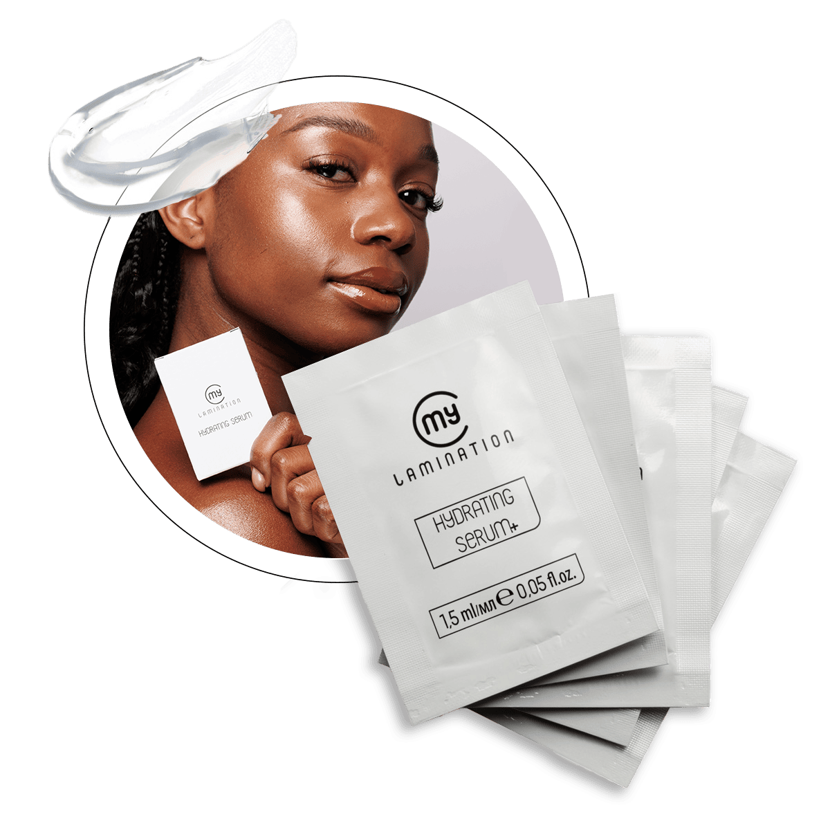 Five 1.5ml sachets of My Lamination Step 3 Hydrating Serum, used for professional lash lift and brow lamination finishing.
