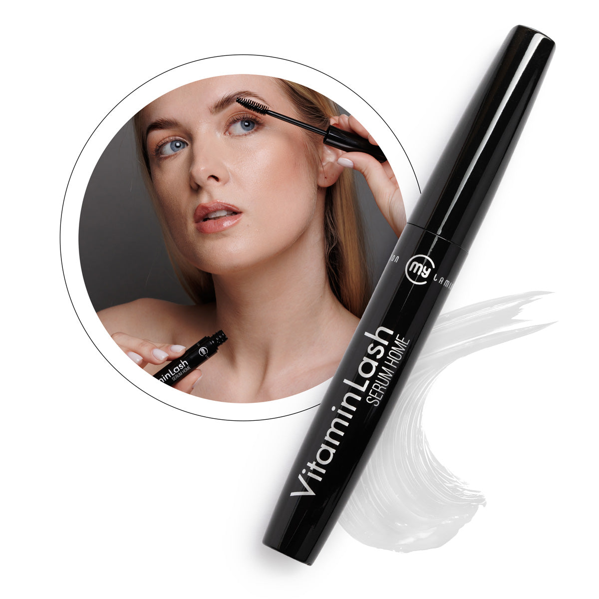 Model applying My Lamination Vitamin Lash Serum Home to brows with a spoolie brush alongside the 10ml black serum tube and white cream texture swatch.